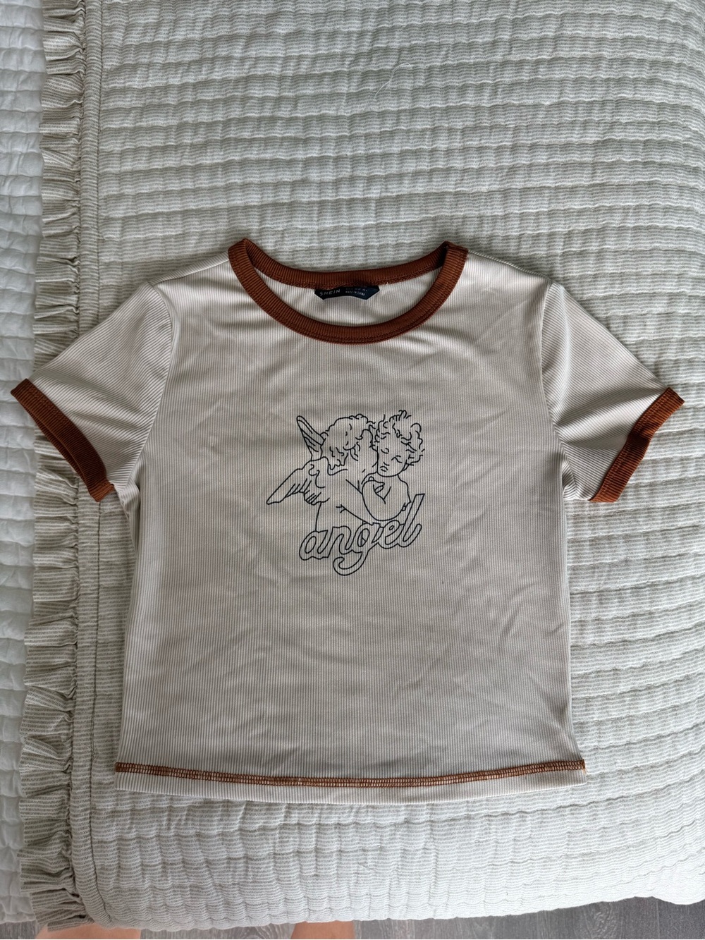 Graphic Ringer Tee - Cream with Brown Trim
